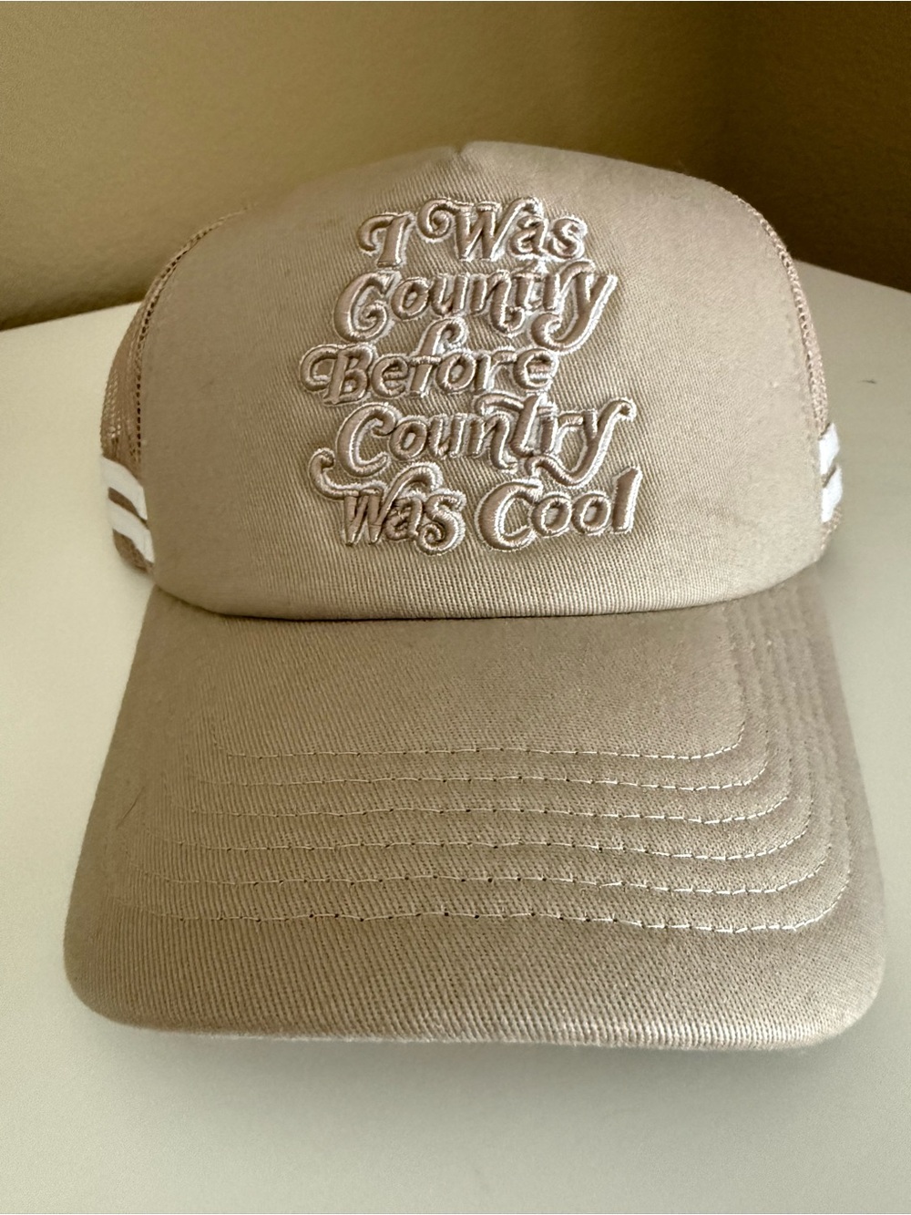 Taupe Embroidered Trucker Hat - "I Was Country Before Country Was Cool"